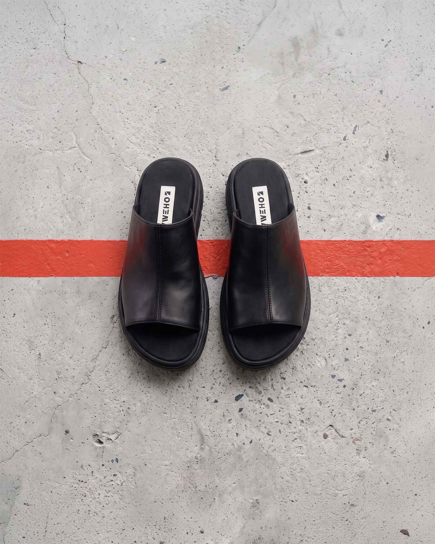 BOHEMA - Kado Slides Klapki Czarne, ze skóry roślinnej, polska rodzinna marka